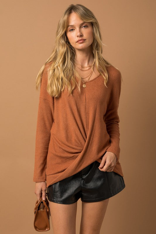 Gilli Long Sleeve V-Neck Draped Top