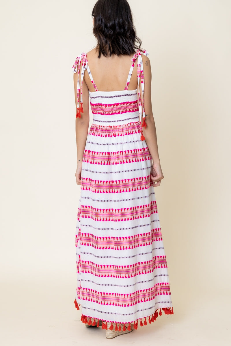 En Crème Embroidered Striped Tassel Maxi Dress
