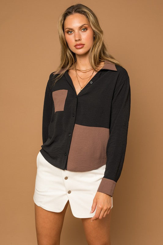 Gilli Long Sleeve Contrast Button Down Top