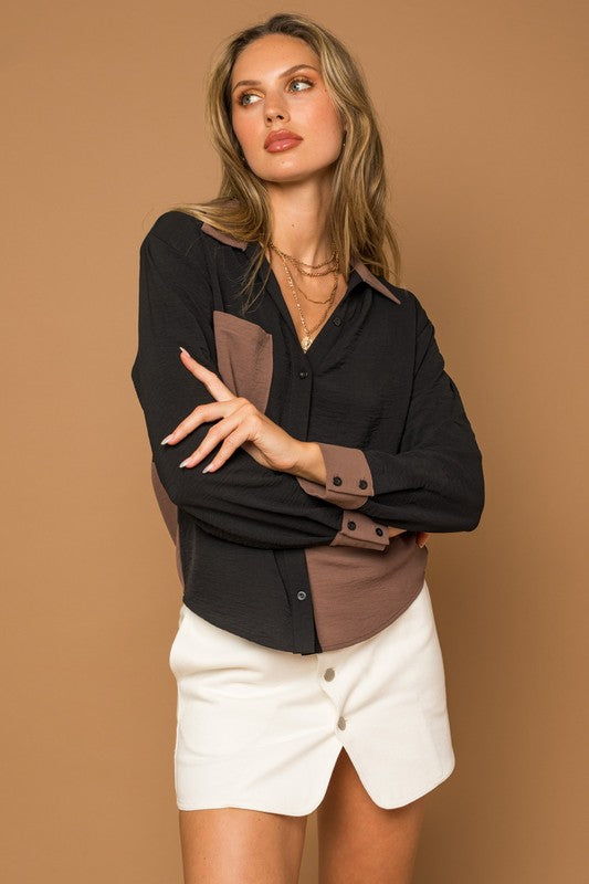 Gilli Long Sleeve Contrast Button Down Top