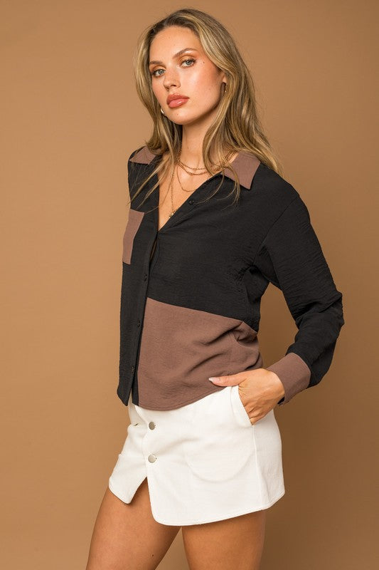 Gilli Long Sleeve Contrast Button Down Top