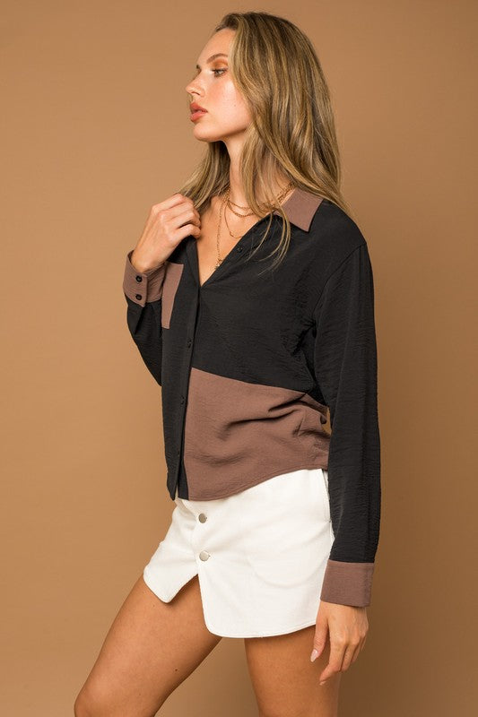 Gilli Long Sleeve Contrast Button Down Top