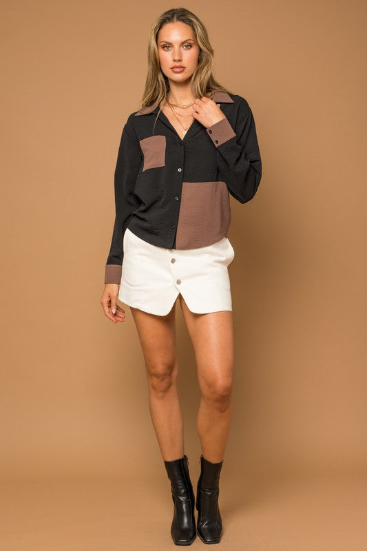 Gilli Long Sleeve Contrast Button Down Top