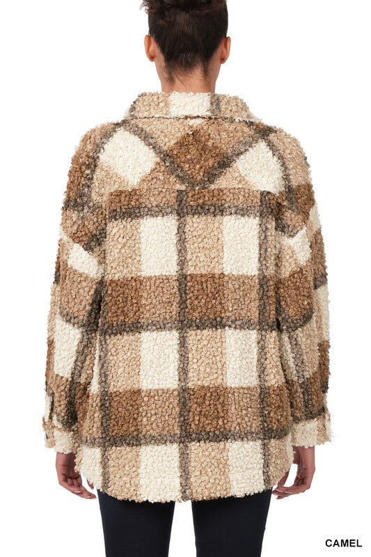 Zenana Sherpa Plaid Shacket With Pockets