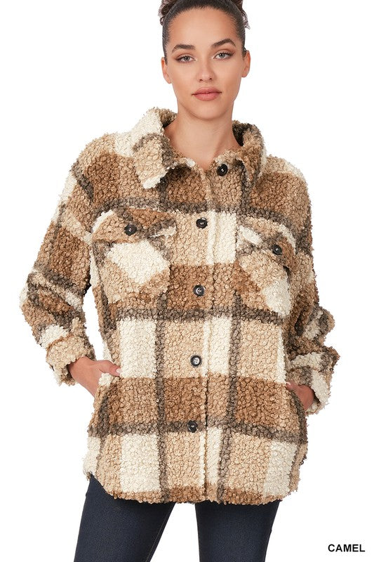 Zenana Sherpa Plaid Shacket With Pockets