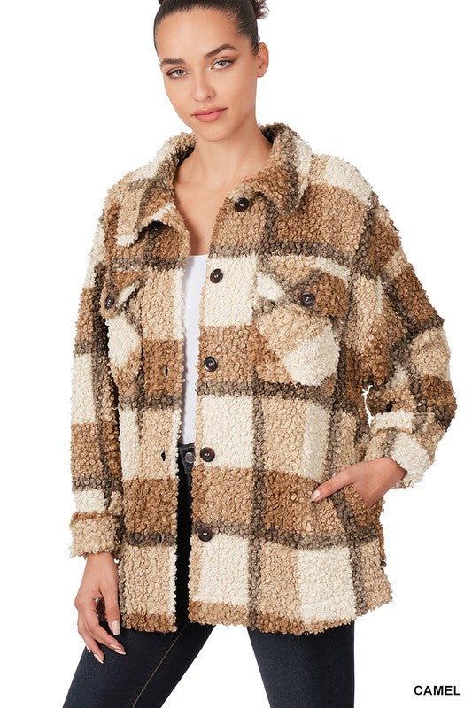 Zenana Sherpa Plaid Shacket With Pockets