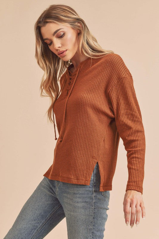 Aemi + Co. Carole Waffle Knit Lace Up Top