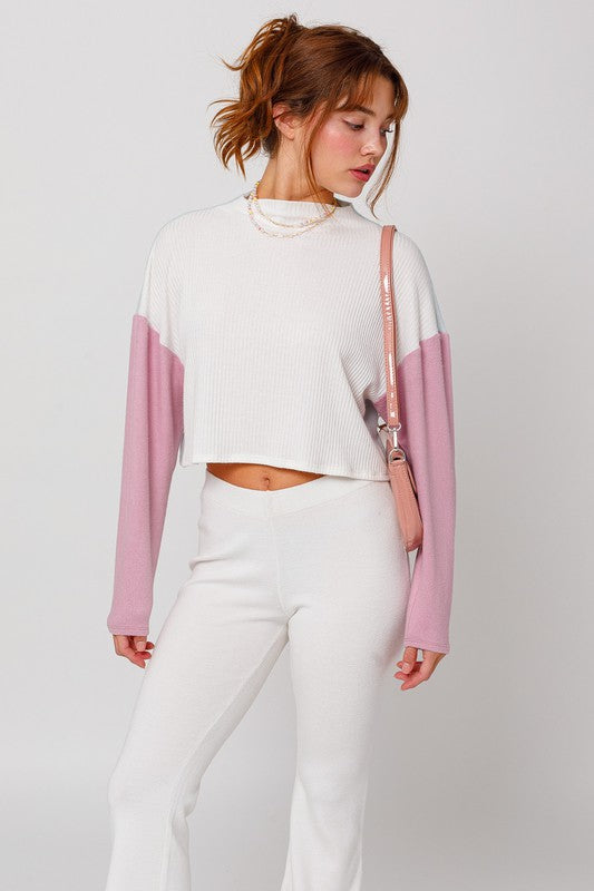 Le Lis Long Sleeve Cropped Contrast Knit Top