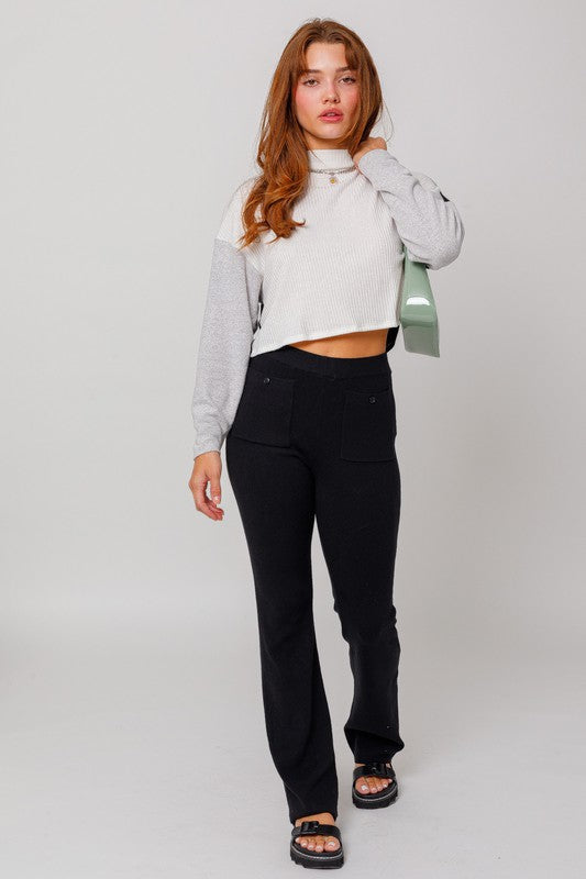 Le Lis Long Sleeve Cropped Contrast Knit Top