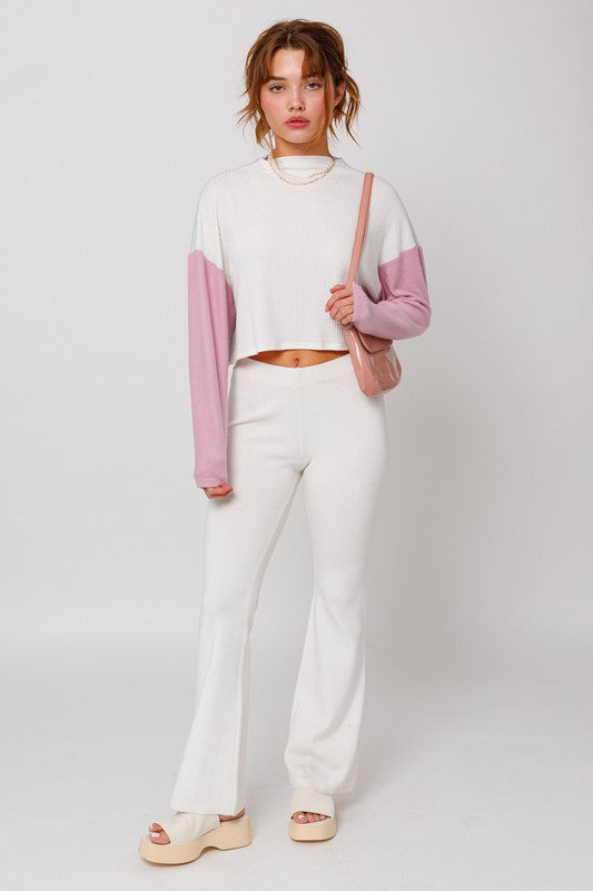 Le Lis Long Sleeve Cropped Contrast Knit Top