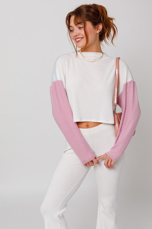 Le Lis Long Sleeve Cropped Contrast Knit Top