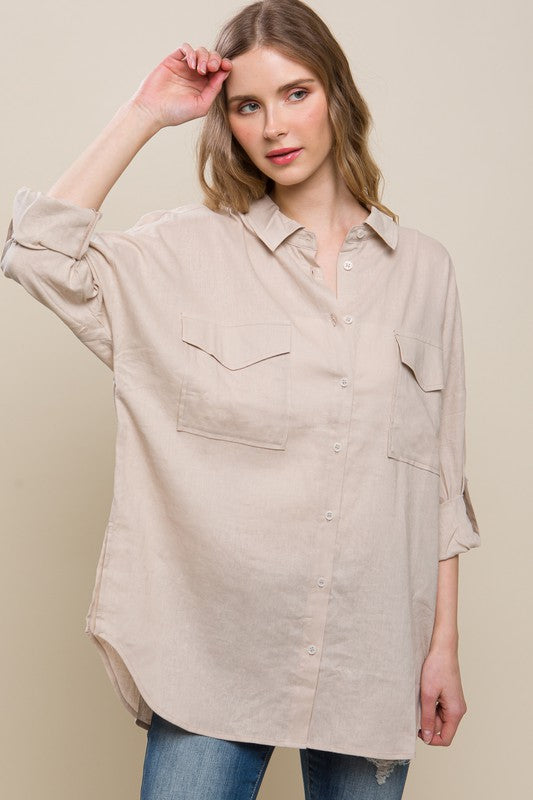 Linen Oversized Double Pocket Button Down Shirt - Boho Soho