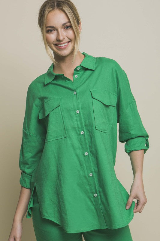 Linen Oversized Double Pocket Button Down Shirt - Boho Soho