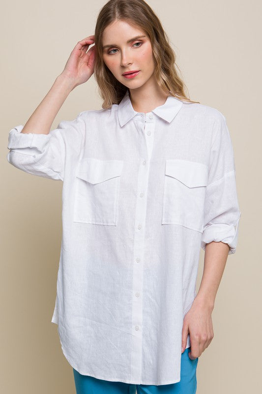 Linen Oversized Double Pocket Button Down Shirt - Boho Soho