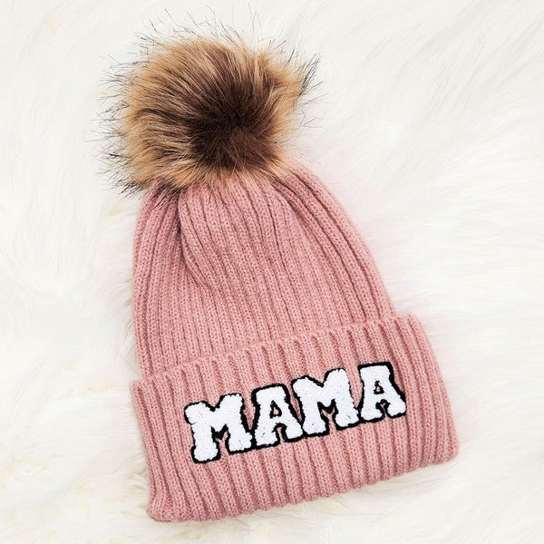 Chenille Mama Patch Faux Fur Pom Beanie Cap