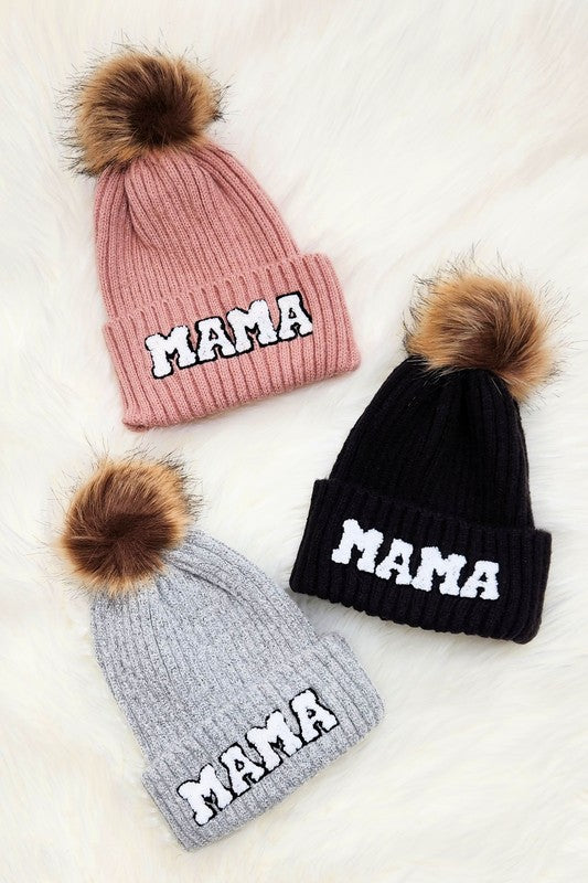 Chenille Mama Patch Faux Fur Pom Beanie Cap