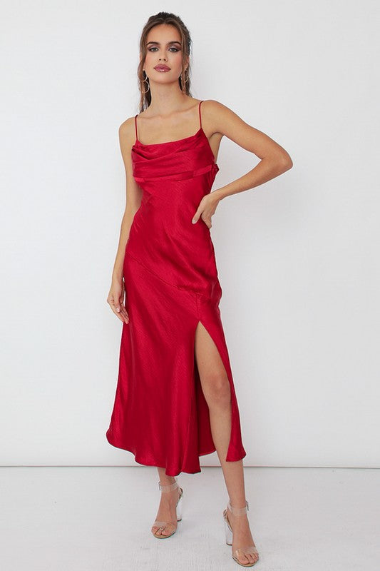 One and Only Collective Satin Side Slit Midi Dress