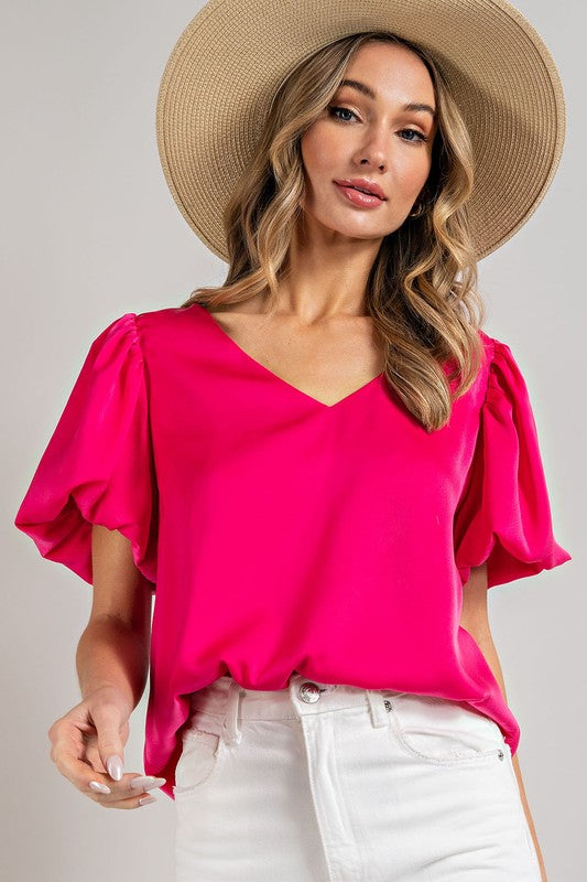 Eesome V-Neck Puff Sleeve Blouse Top