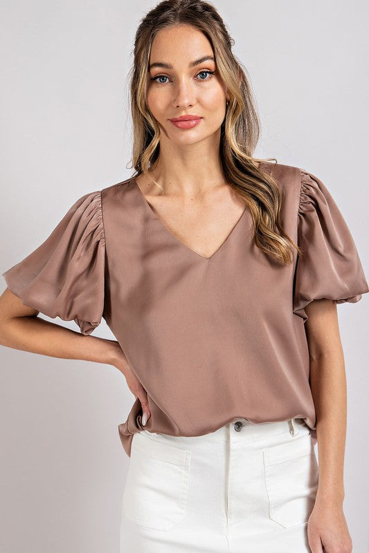 Eesome V-Neck Puff Sleeve Blouse Top