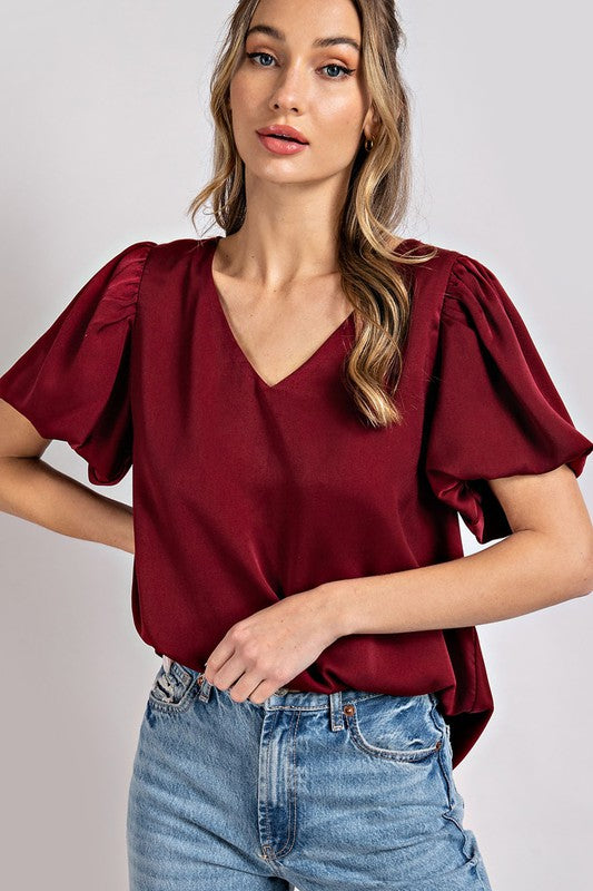 Eesome V-Neck Puff Sleeve Blouse Top