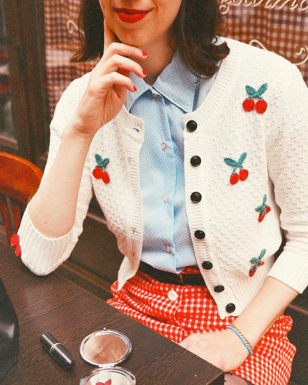 Mak Cherry Crochet Pom Pom Cropped Cardigan Sweater