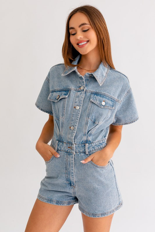 Short Sleeve Denim Romper - Boho Soho