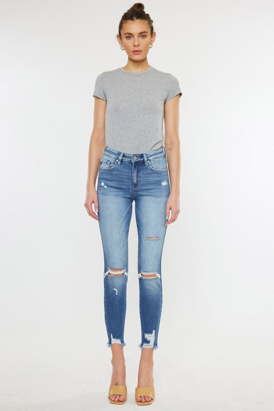 Kan Can High Rise Fray Hem Ankle Skinny Jeans