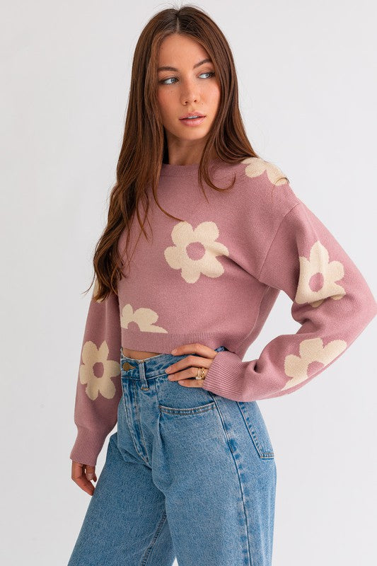 Le Lis Long Sleeve Crop Sweater with Daisy Pattern