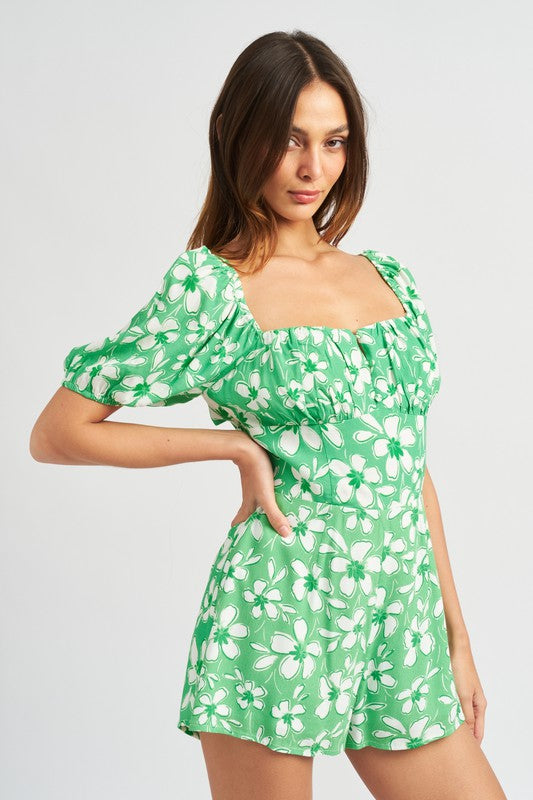 EMORY PARK PUFF SLEEVE CUT OUT BACK FLORAL ROMPER