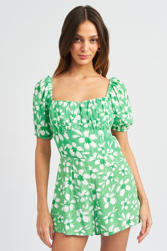 EMORY PARK PUFF SLEEVE CUT OUT BACK FLORAL ROMPER