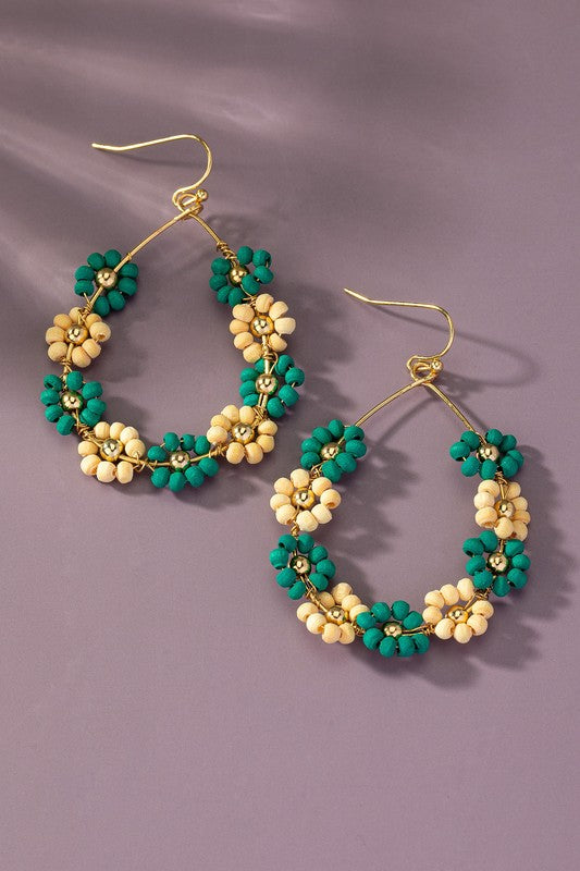 Handmade multi wood beaded flower hoop earrings