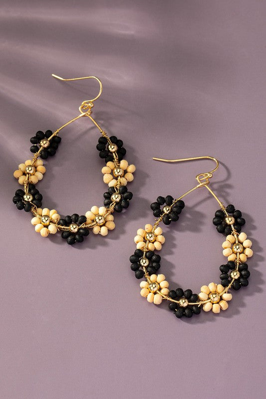 Handmade multi wood beaded flower hoop earrings