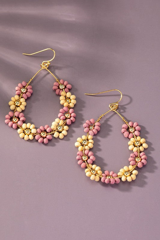 Handmade multi wood beaded flower hoop earrings