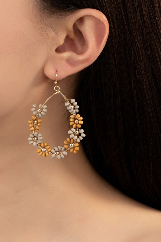 Handmade multi wood beaded flower hoop earrings