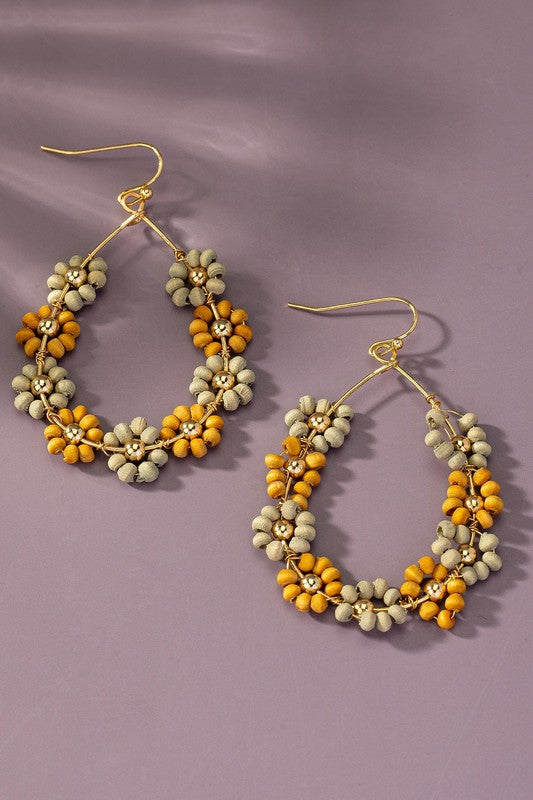 Handmade multi wood beaded flower hoop earrings