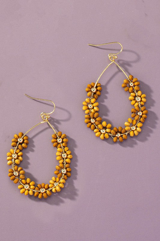 Handmade multi wood beaded flower hoop earrings