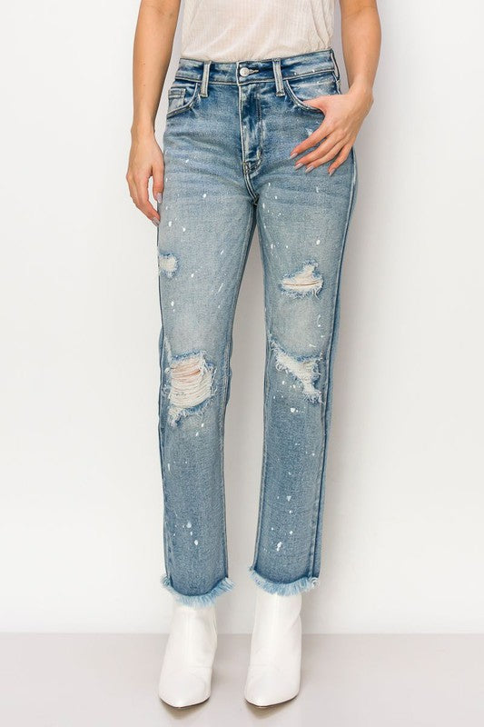 ARTEMIS VINTAGE HIGH RISE DISTRESSED STRAIGHT FRAY HEM JEANS