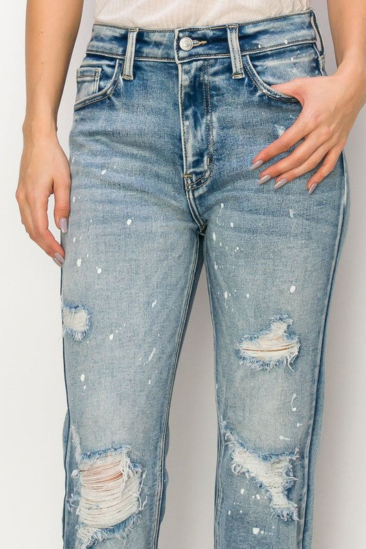 ARTEMIS VINTAGE HIGH RISE DISTRESSED STRAIGHT FRAY HEM JEANS