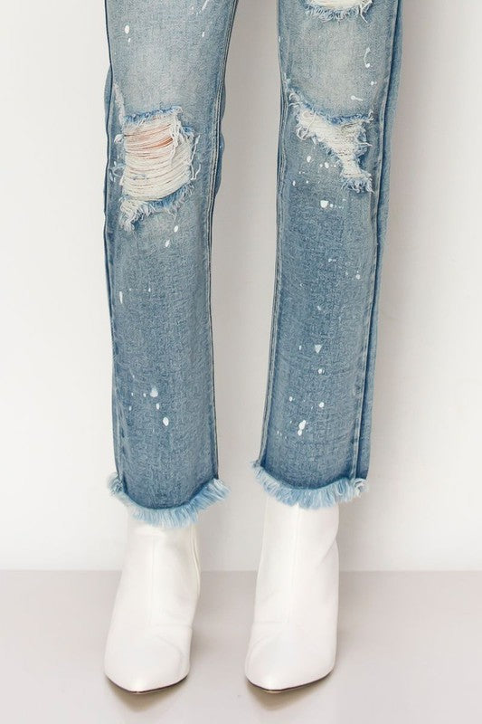 ARTEMIS VINTAGE HIGH RISE DISTRESSED STRAIGHT FRAY HEM JEANS