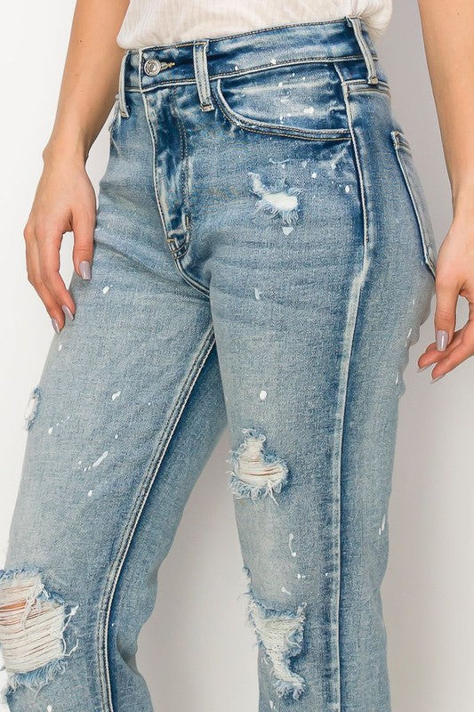 ARTEMIS VINTAGE HIGH RISE DISTRESSED STRAIGHT FRAY HEM JEANS