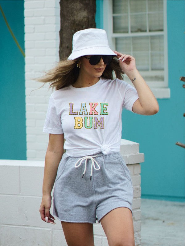 Colorful Lake Bum Varsity Font Graphic Tee Plus Size