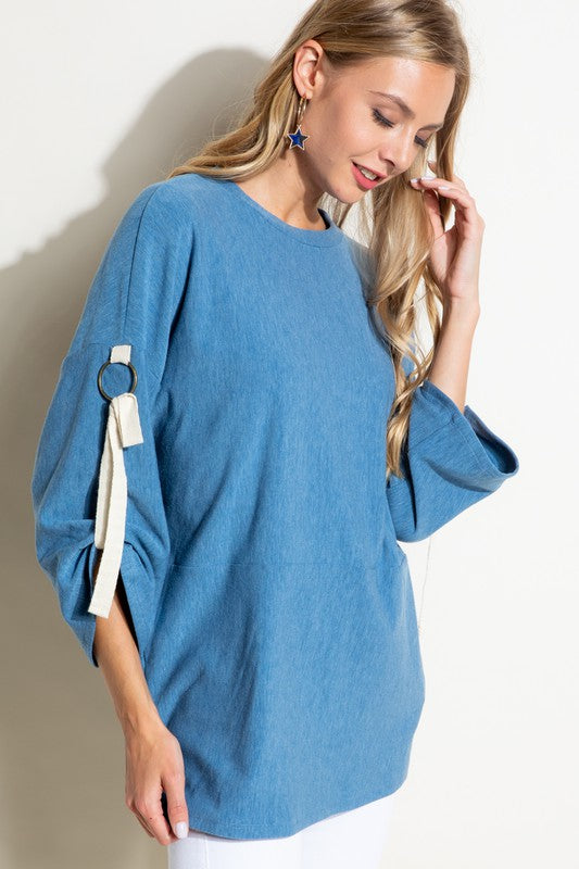 SOLID BRUSHED TERRY ROLL UP SLEEVE CASUAL TOP