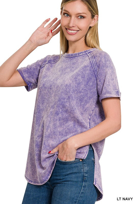 Zenana French Terry Acid Wash Short Cuff Sleeve Pullover