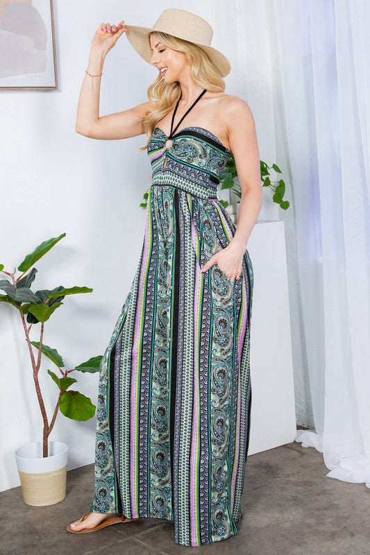 Orange Farm Boho Cut Out Wide Leg Halter Jumpsuit with Pockets