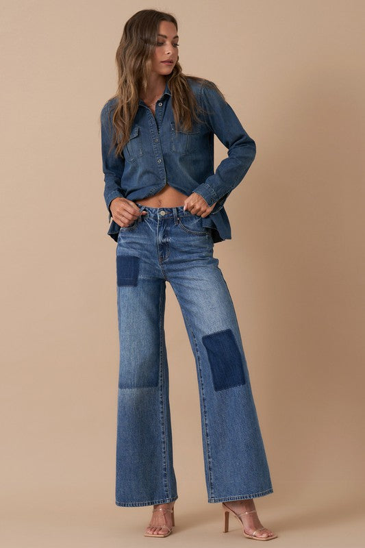 Denim Lab USA Relaxed Wide Leg Patchwork Jeans