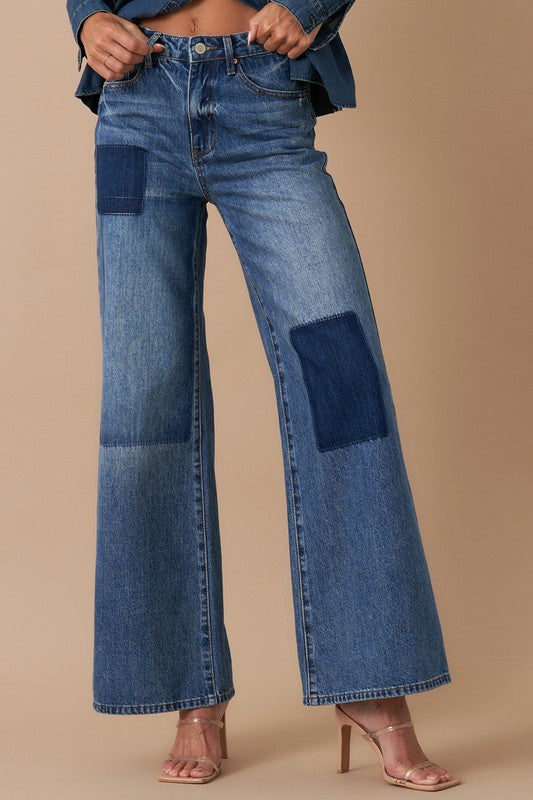 Denim Lab USA Relaxed Wide Leg Patchwork Jeans