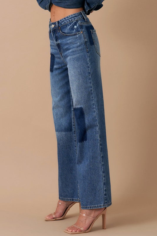 Denim Lab USA Relaxed Wide Leg Patchwork Jeans