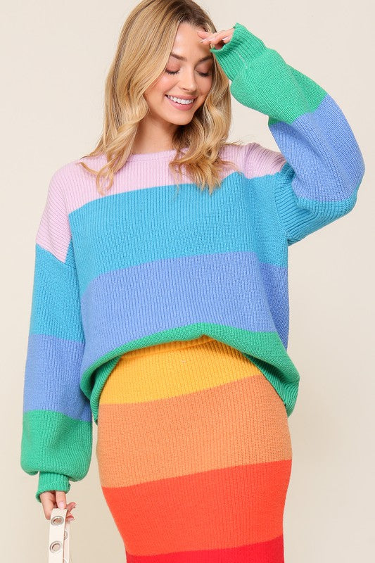 Timing Bold Rainbow Stripe Oversized Chunky Knit Pullover