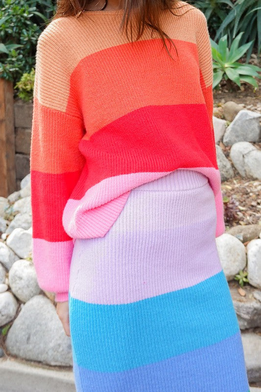 Timing Bold Rainbow Stripe Oversized Chunky Knit Pullover