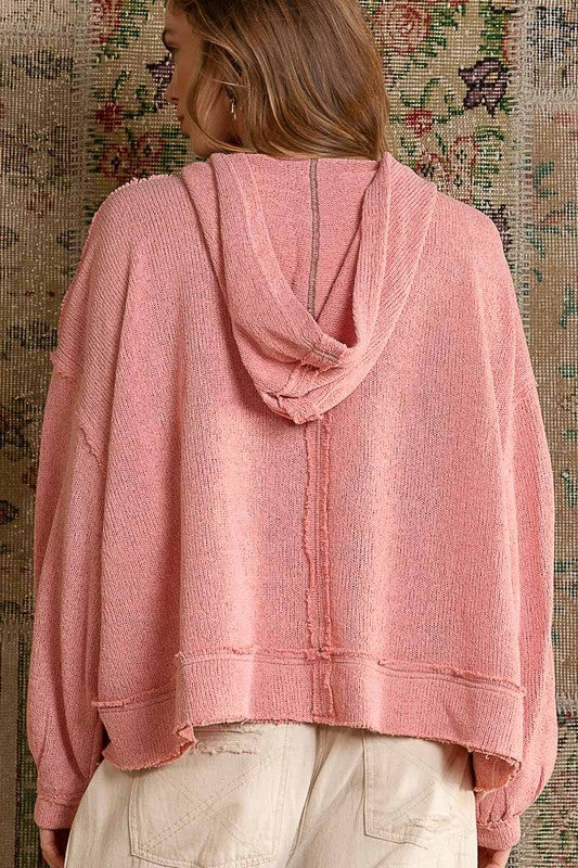 Round Neck Balloon Sleeve Hooded Knit Top - Boho Soho